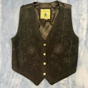 Vintage black suede leather vest with floral embroidery Size: M